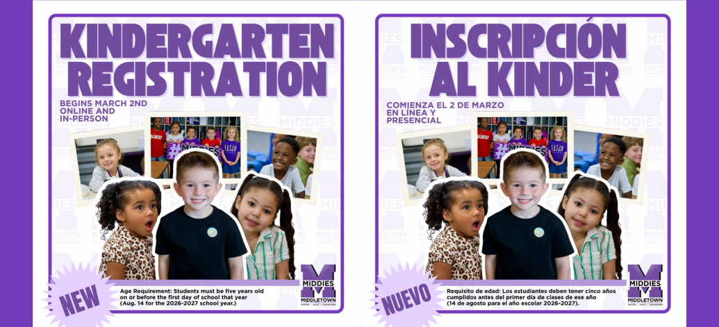 photographs of kindergarten students, text that says registration begins March 2nd online and in-person